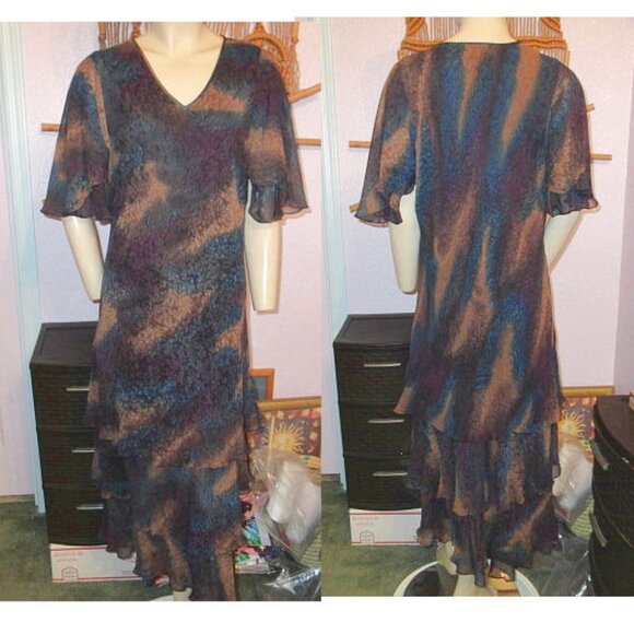 Vtg Chantik Silk Midi Dress Size L Tiered Lined Flowy Flutter Exotic Fairy Boho - Picture 1 of 11